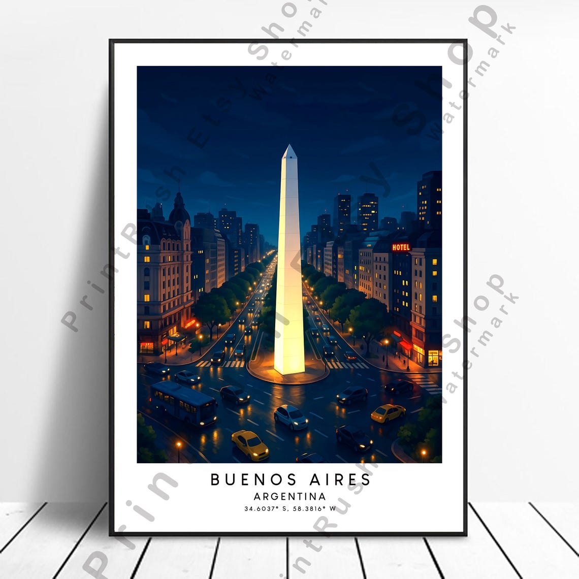 Buenos Aires Argentina Obelisk Night City Lights Travel Poster