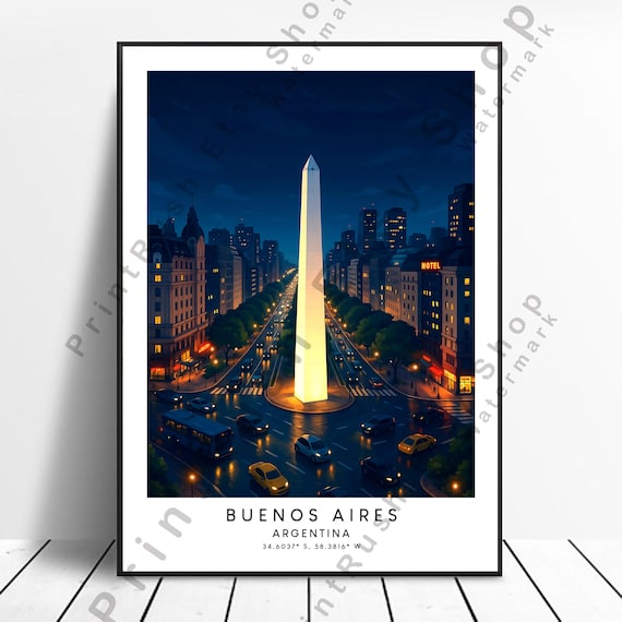 Buenos Aires Argentina Obelisk Night City Lights Travel Poster