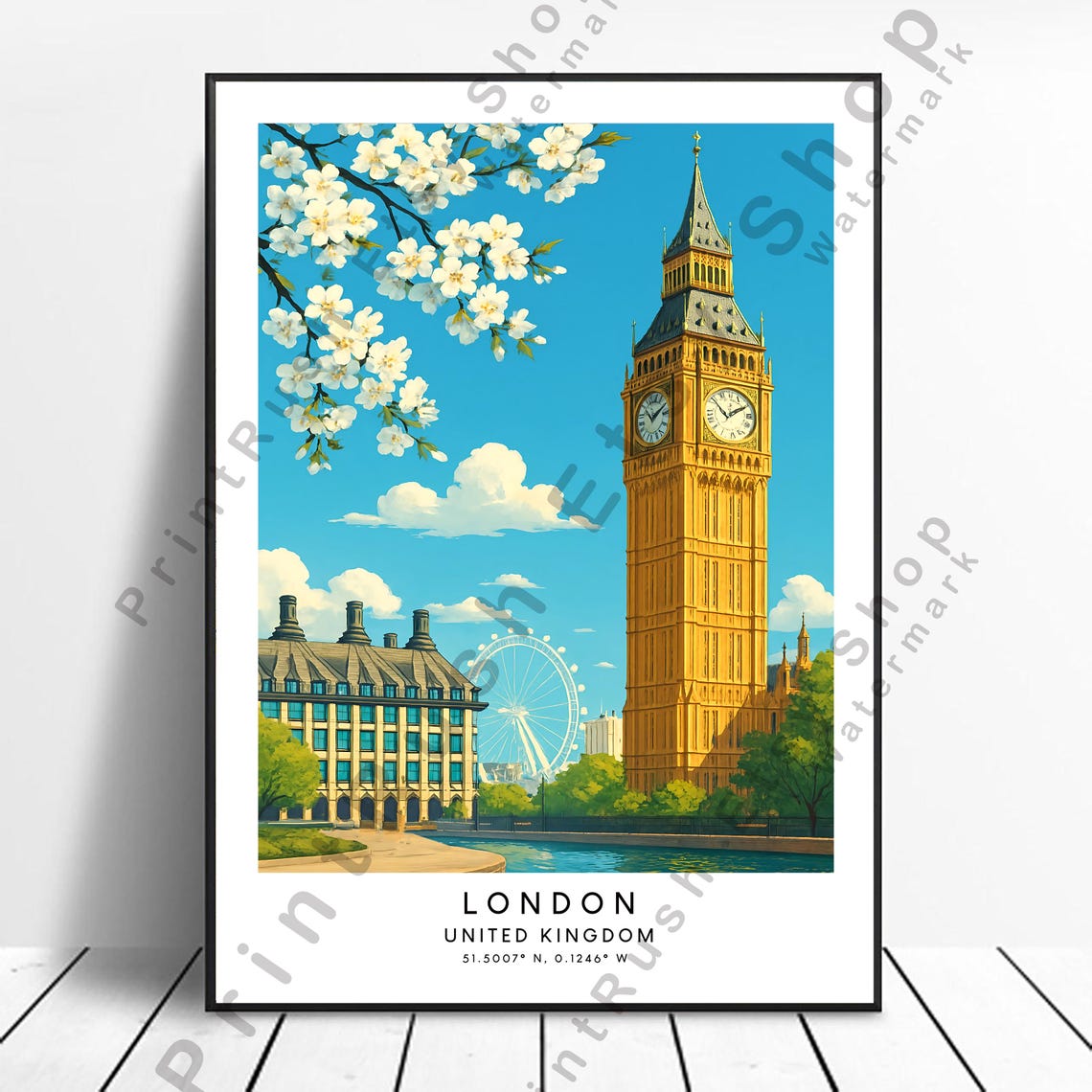 London Big Ben And London Eye Cherry Blossom Spring Travel Poster