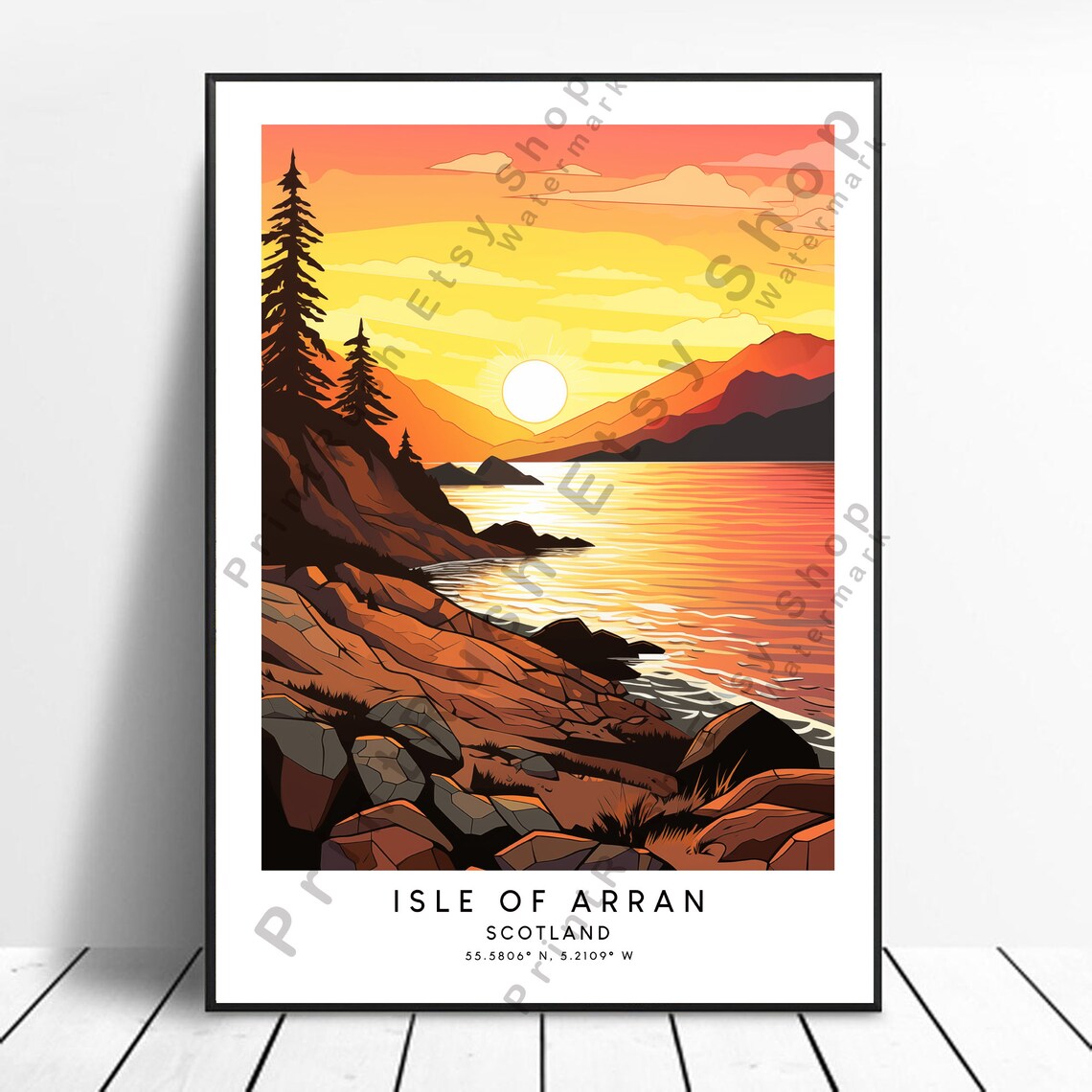 Isle of Arran Scotland Sunset Over Rocky Coast Travel Poster