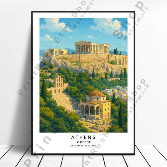 Greece Travel Poster Athens Illustration Art Print Wall Dcor Landmark Gift