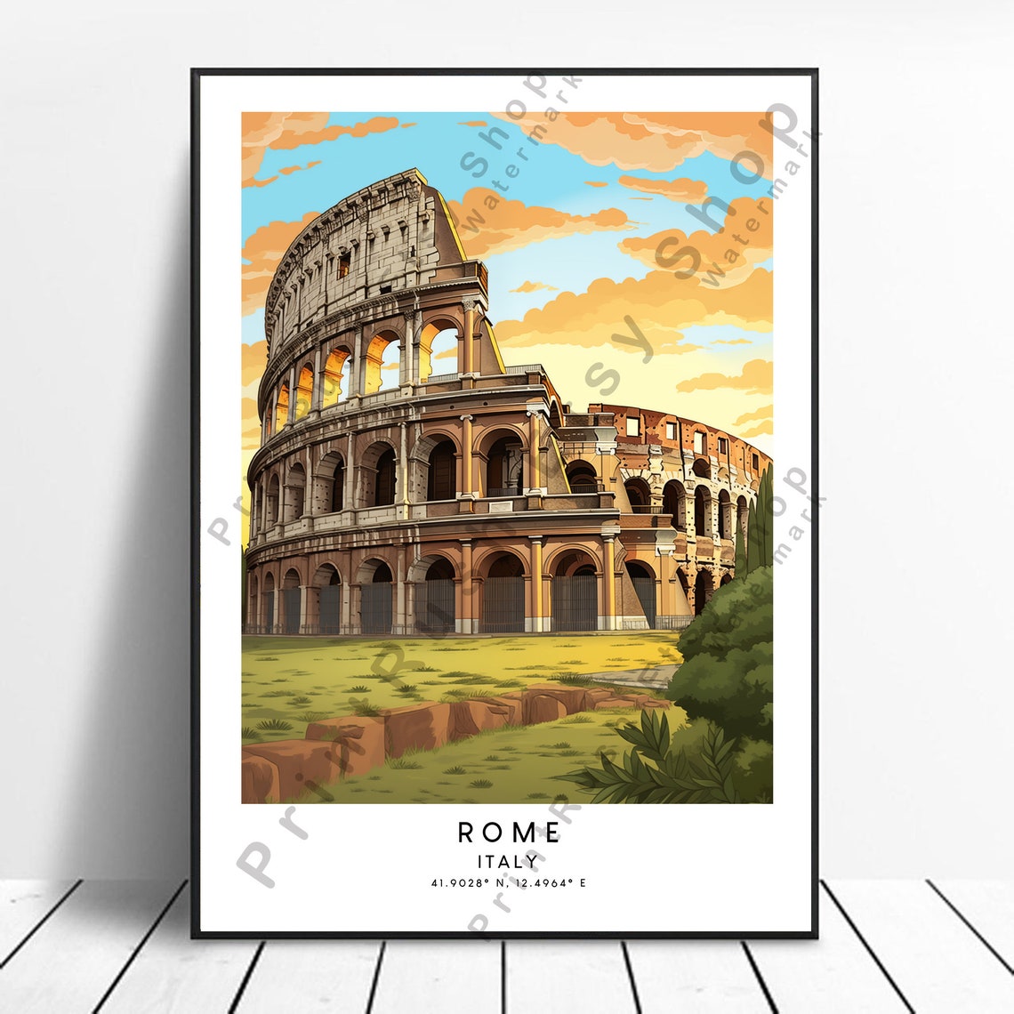 Rome Italy Colosseum Golden Sunset Ancient Landmark Travel Poster