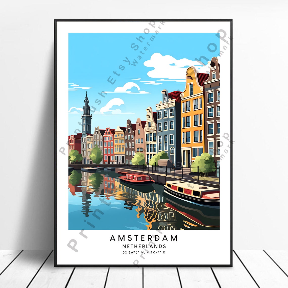 Amsterdam Travel Print Colourful Poster Minimalist Netherlands Wall Art Gift