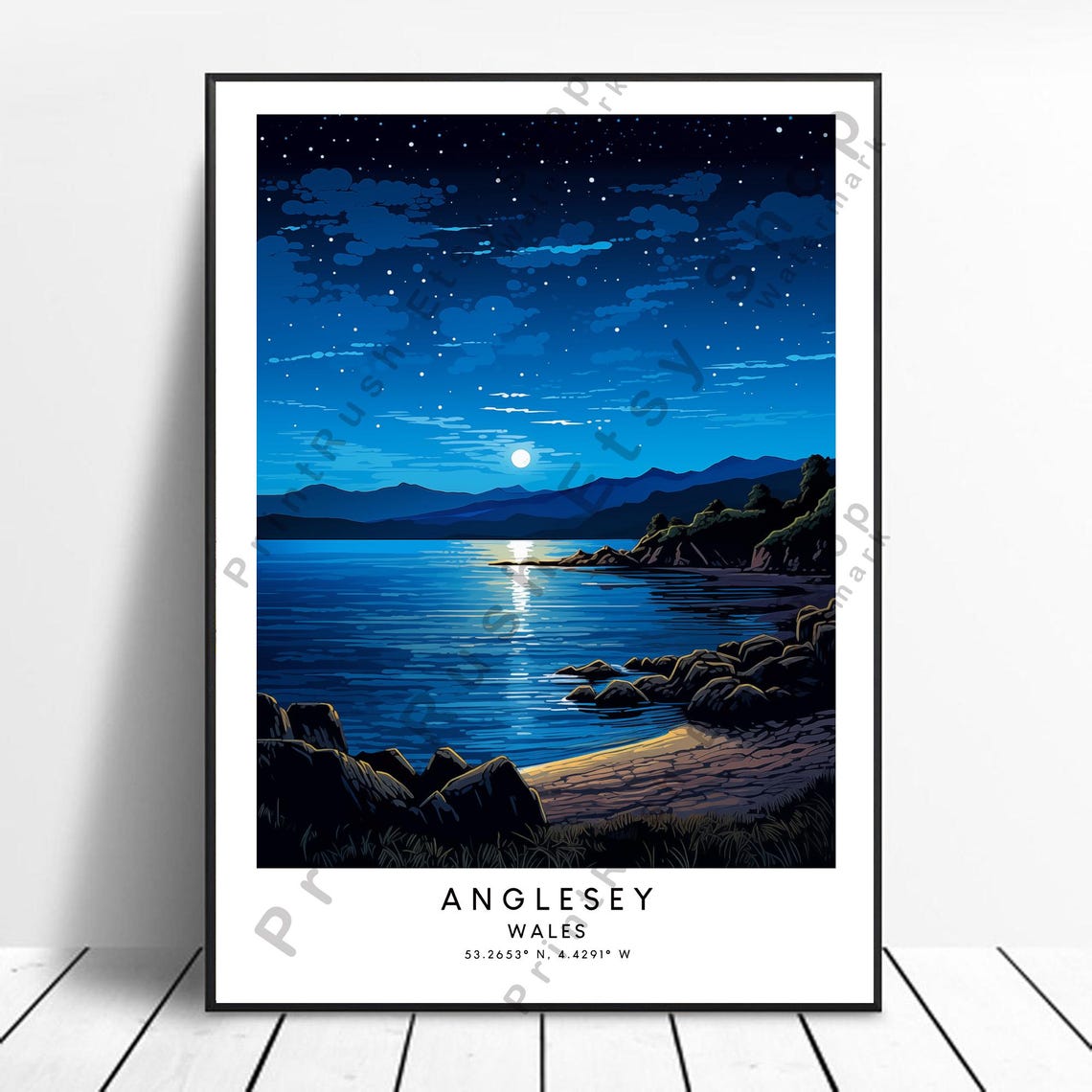 Anglesey Wales Starry Night Rocky Coast Moonlight Sea Poster