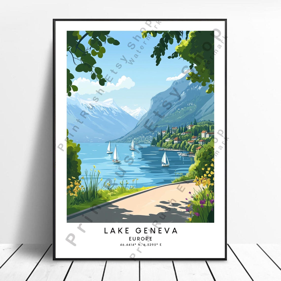 Lake Geneva Sailboats Alpine Peaks Summer Minimalist Travel Poster