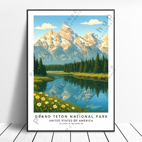 Grand Teton National Park Print Illustration Art Poster Wyoming Travel Dcor Mountain Landscape Wall Decor Nature Scenic Artwork Gift