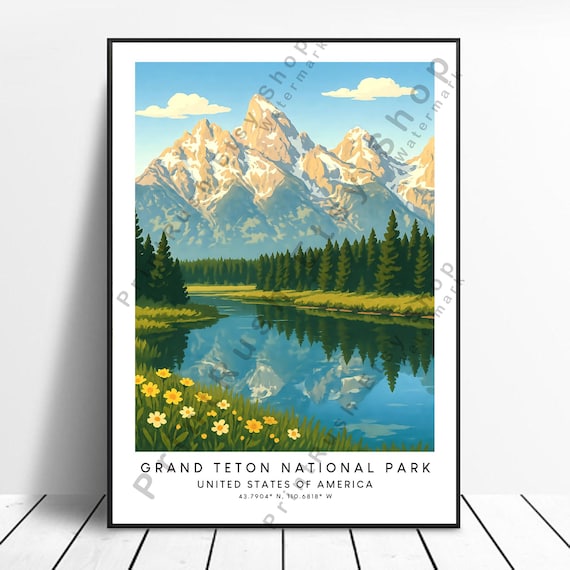 Grand Teton National Park Wyoming Snowy Peaks Lake Travel Poster