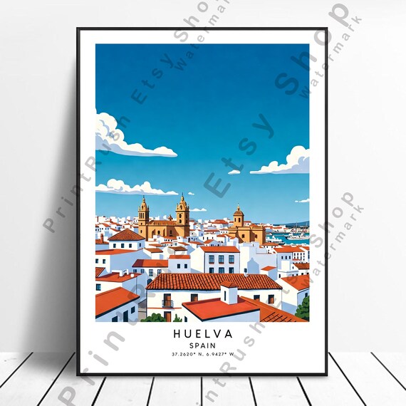Huelva Spain Artwork Travel Poster Cityscape Wall Art City Andalusia Architecture Print White Village