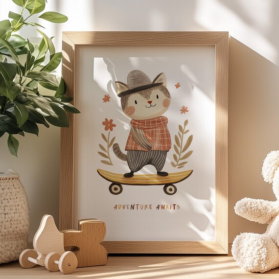 Cat On Skateboard Adventure Awaits Cute Nursery Kids Art Poster