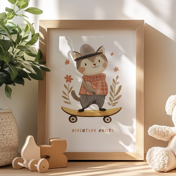 Cute Cat On Skateboard Print Eclectic Nursery Whimsical Wall Art Boho Kids Room Decor Gender Neutral Animal