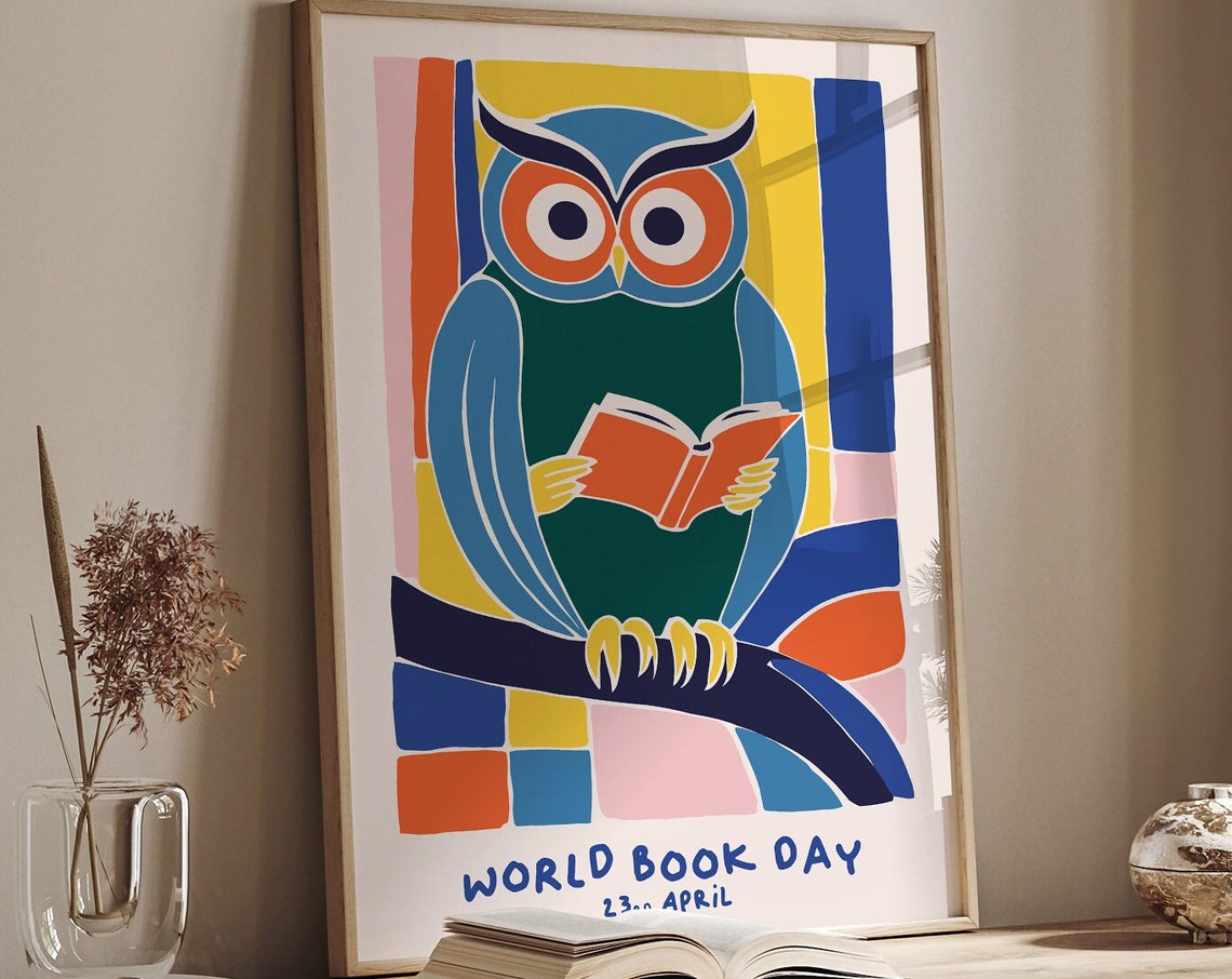 World Book Day Library April Cute Owl Reading Colorful Poster