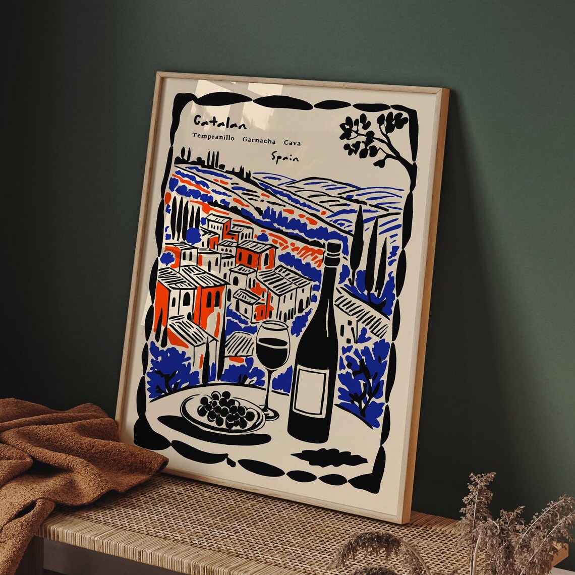 Catalan Spain Wine Colorful Village Vineyard Bottle Art Poster