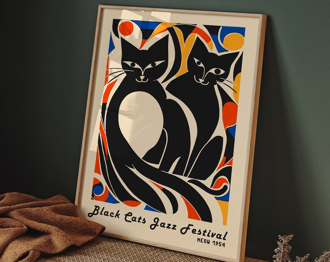 Black Cats Jazz Festival Meow 1959 Retro Vintage Cat Art Poster