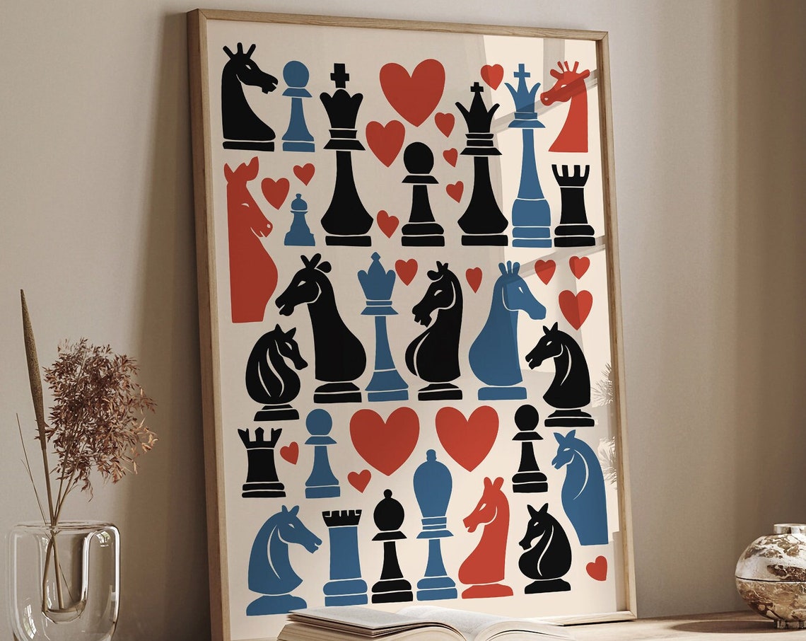 Chess Pieces and Hearts Playful Pattern Strategy Board Poster - Image 6