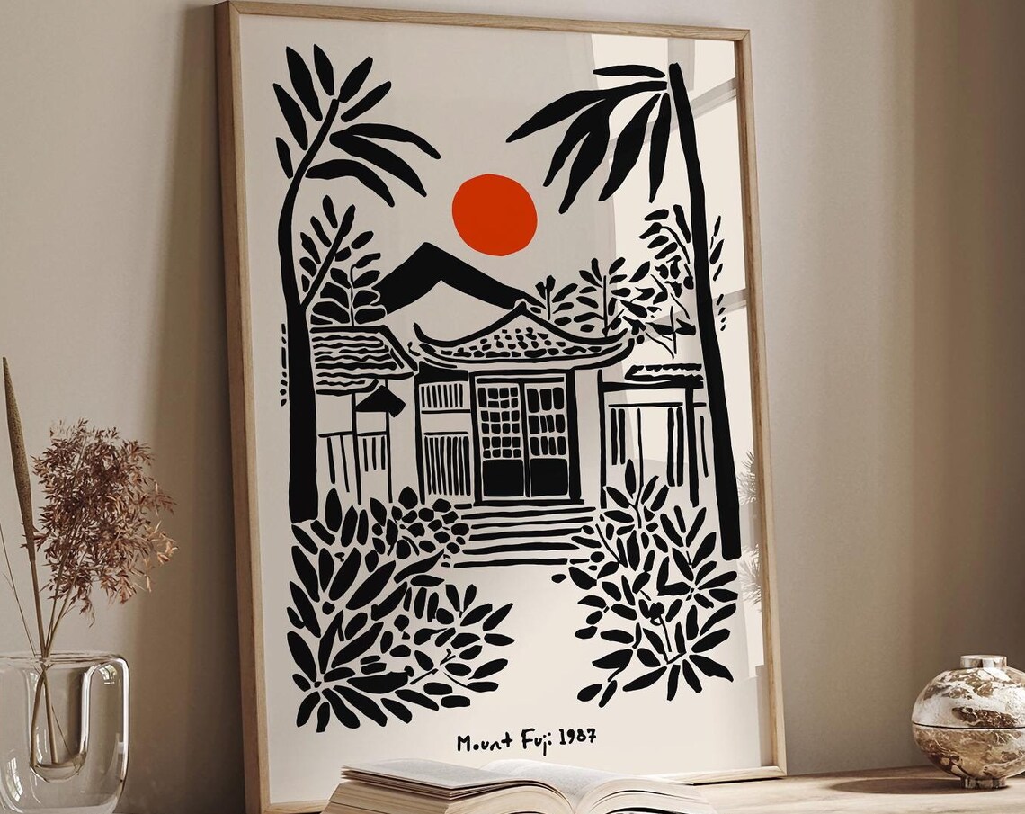 Mount Fuji 1995 Poster Japanese Rising Sun Art Print Traditional House And Nature Illustration Asian Wall Decor Japan Travel Art Print