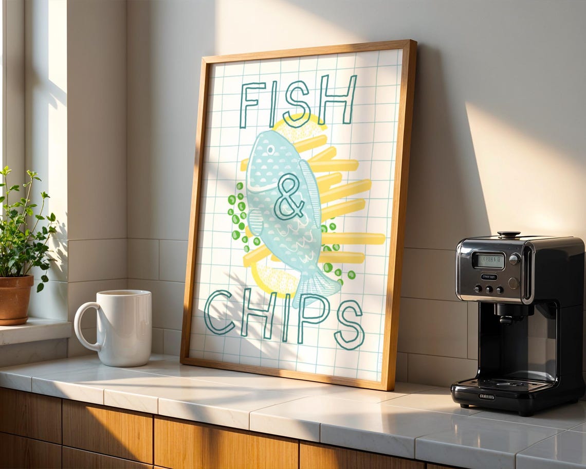 Fish Chips Art Only Kitchen Print Blue Fish Kitchen Food Art Fish And Chips - Image 3