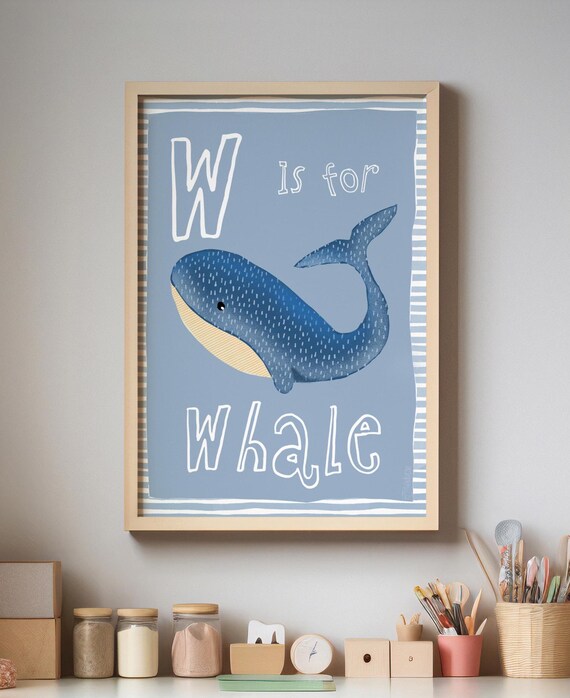 W Is For Whale Blue Alphabet Nursery Under The Sea Kids Room Poster