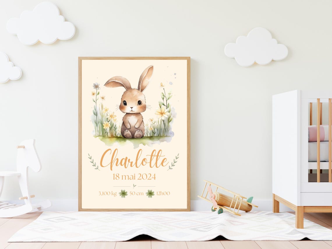 Personalized Bunny Rabbit Watercolor Baby Birth Keepsake Poster - Image 2