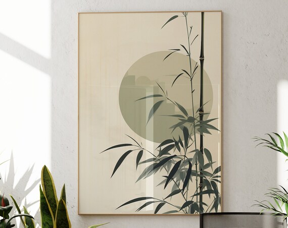 Bamboo Stalks and Sage Sun Botanical Poster in Minimal Japandi Style