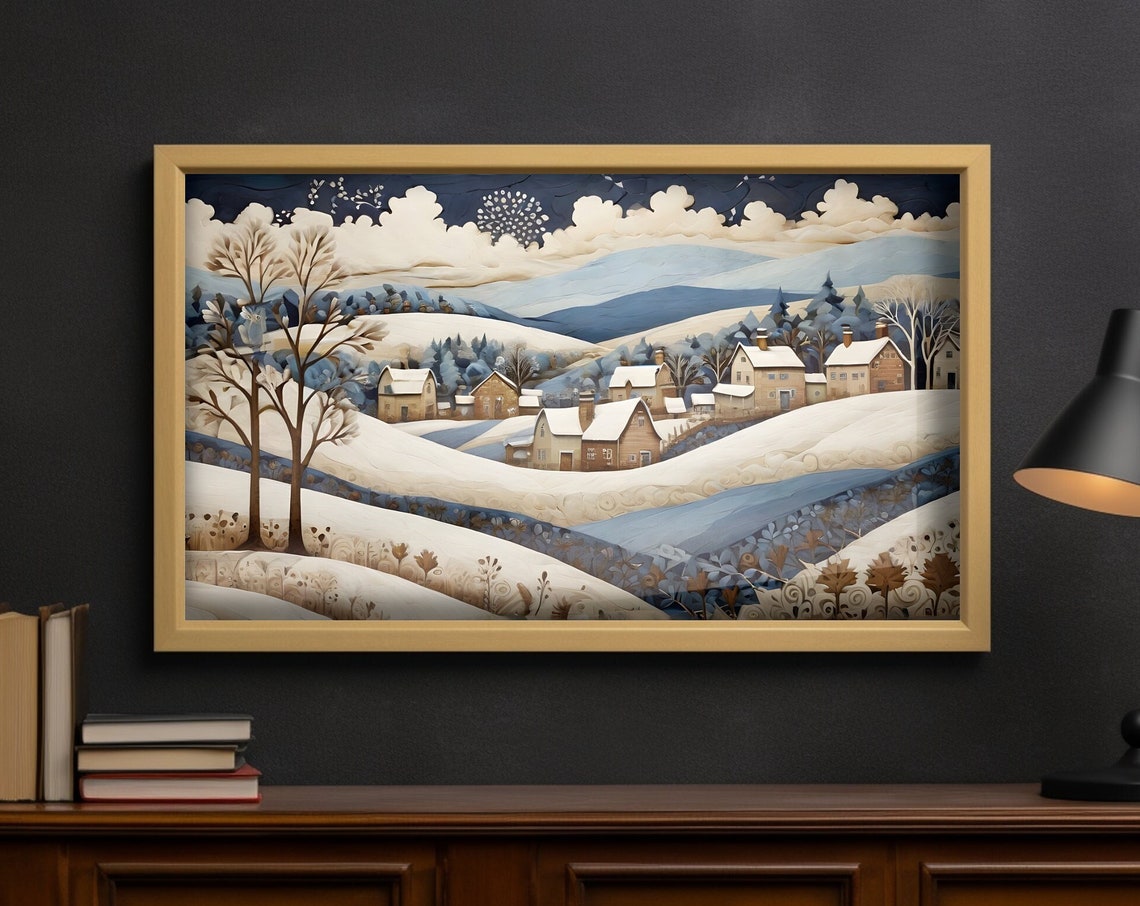 Calm Blue White Snowy Winter Valley Village Paper Cut Art Poster