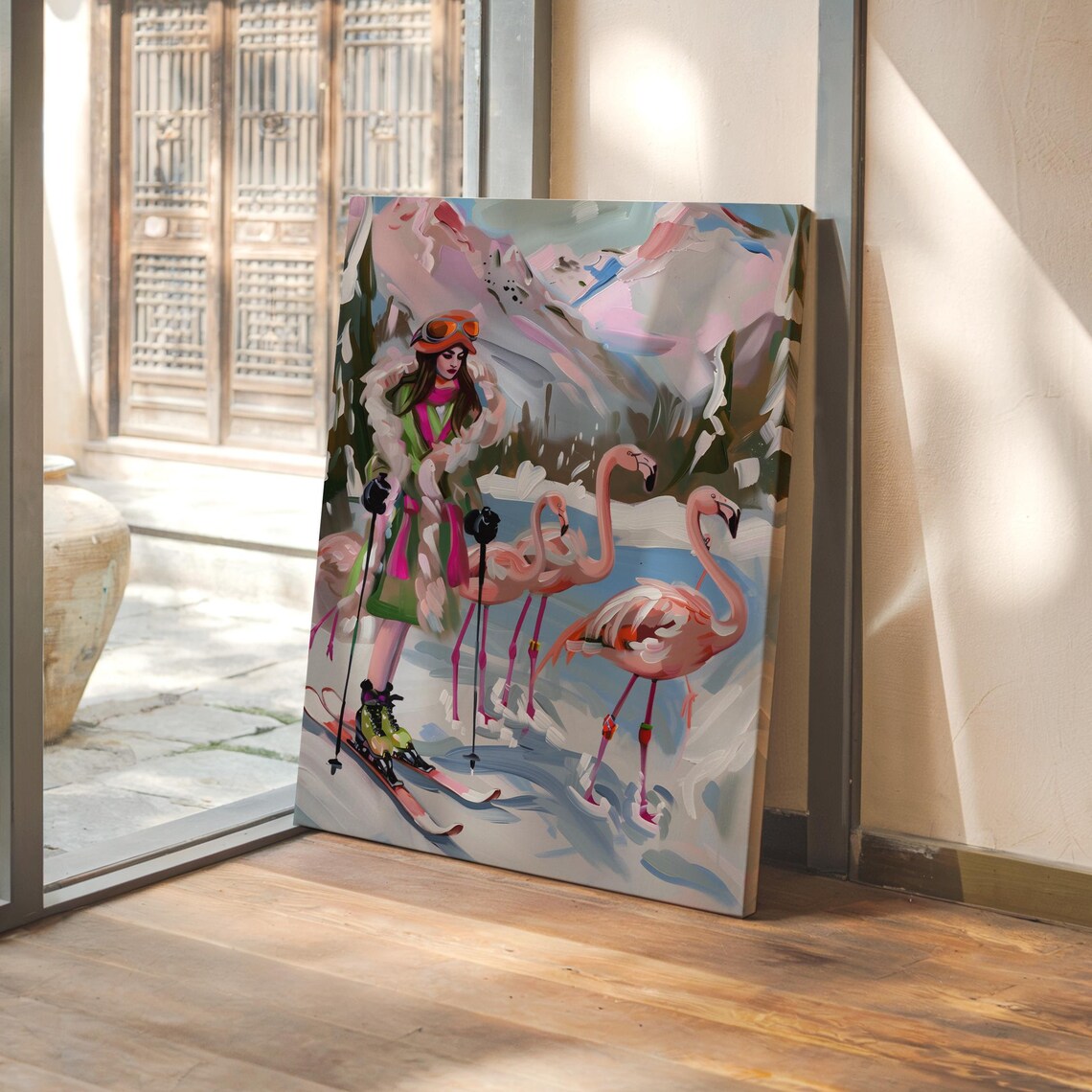 Stylish Skier Woman With Flamingos in a Snowy Mountain Scene Poster