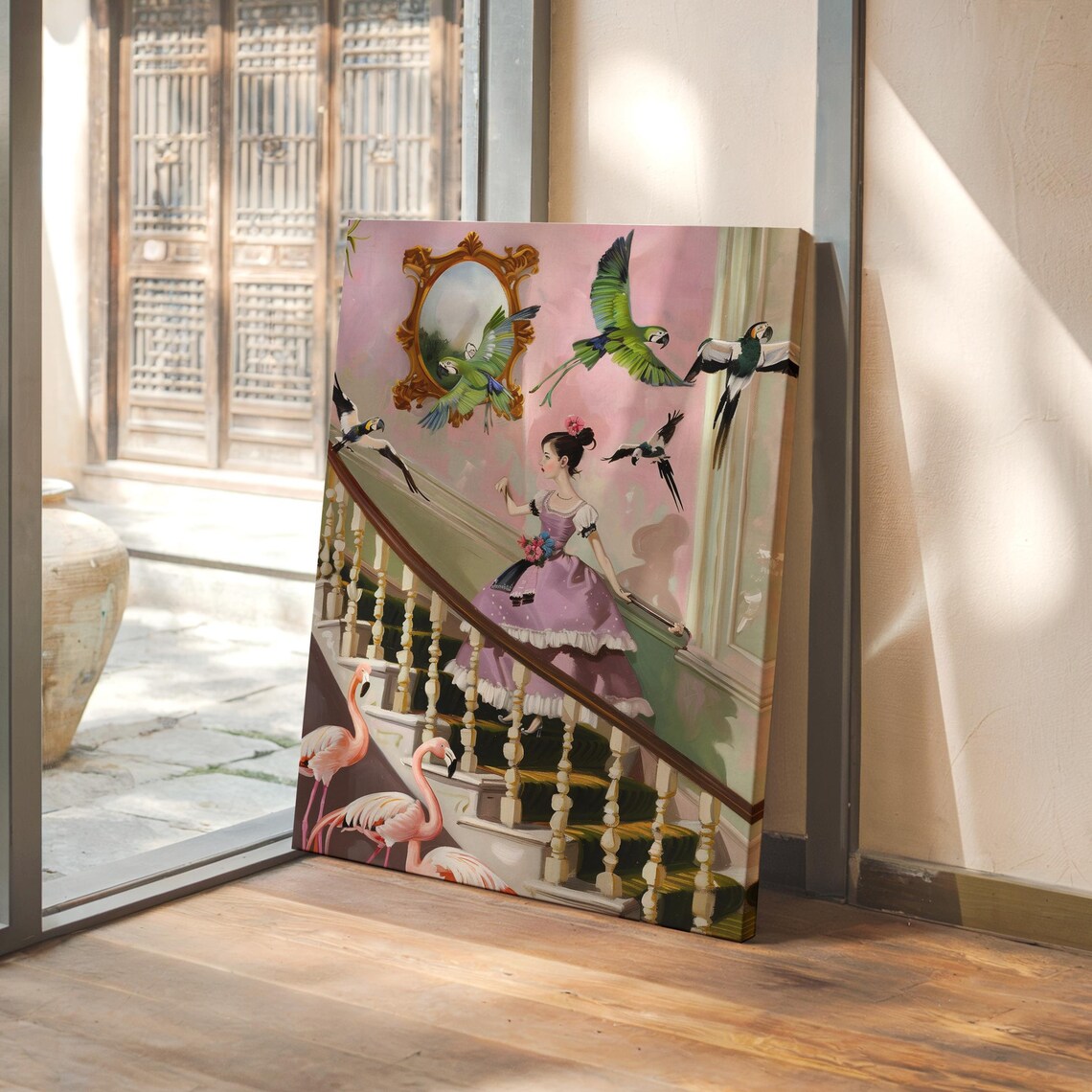 Lady Descending a Grand Staircase with Flying Parrots Poster