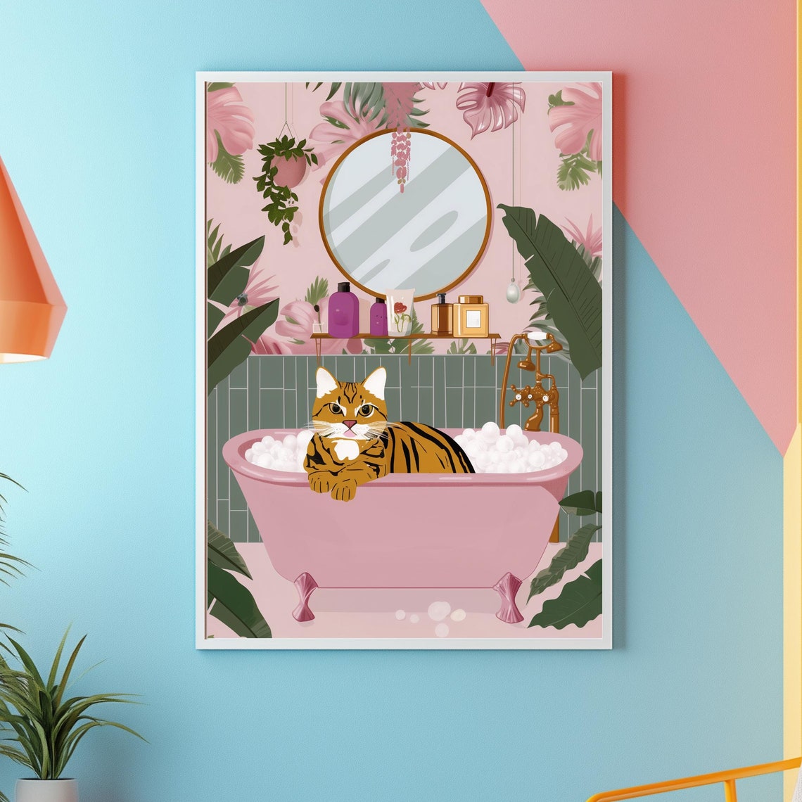 Orange Tabby Cat In Pink Bathtub Poster Funny Tropical Bathroom Decor - Image 2