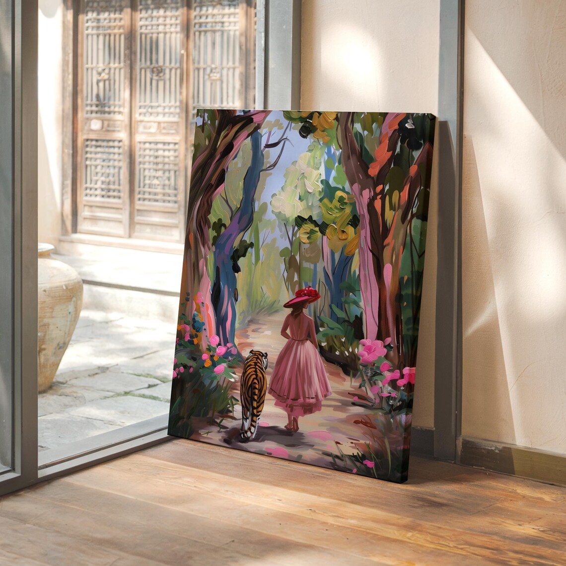 Woman in a Pink Dress Walking With a Tiger in a Forest Poster
