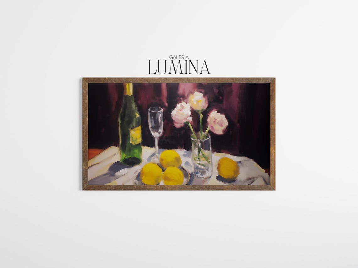 Lemons and Wine Bottle Impressionist Still Life Kitchen Poster - Image 3