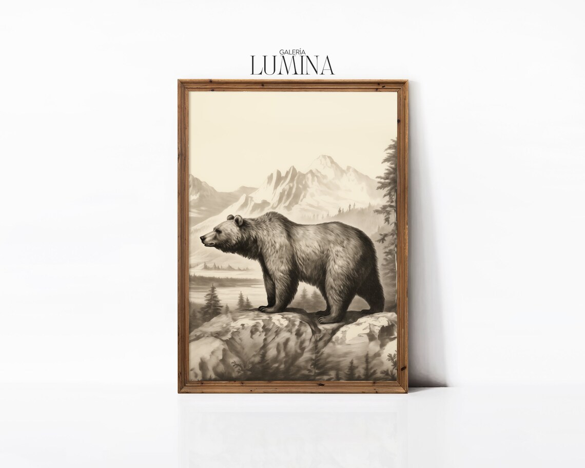 Grizzly Bear Mountain Peak Monochrome Wildlife Pencil Drawing Poster - Image 3