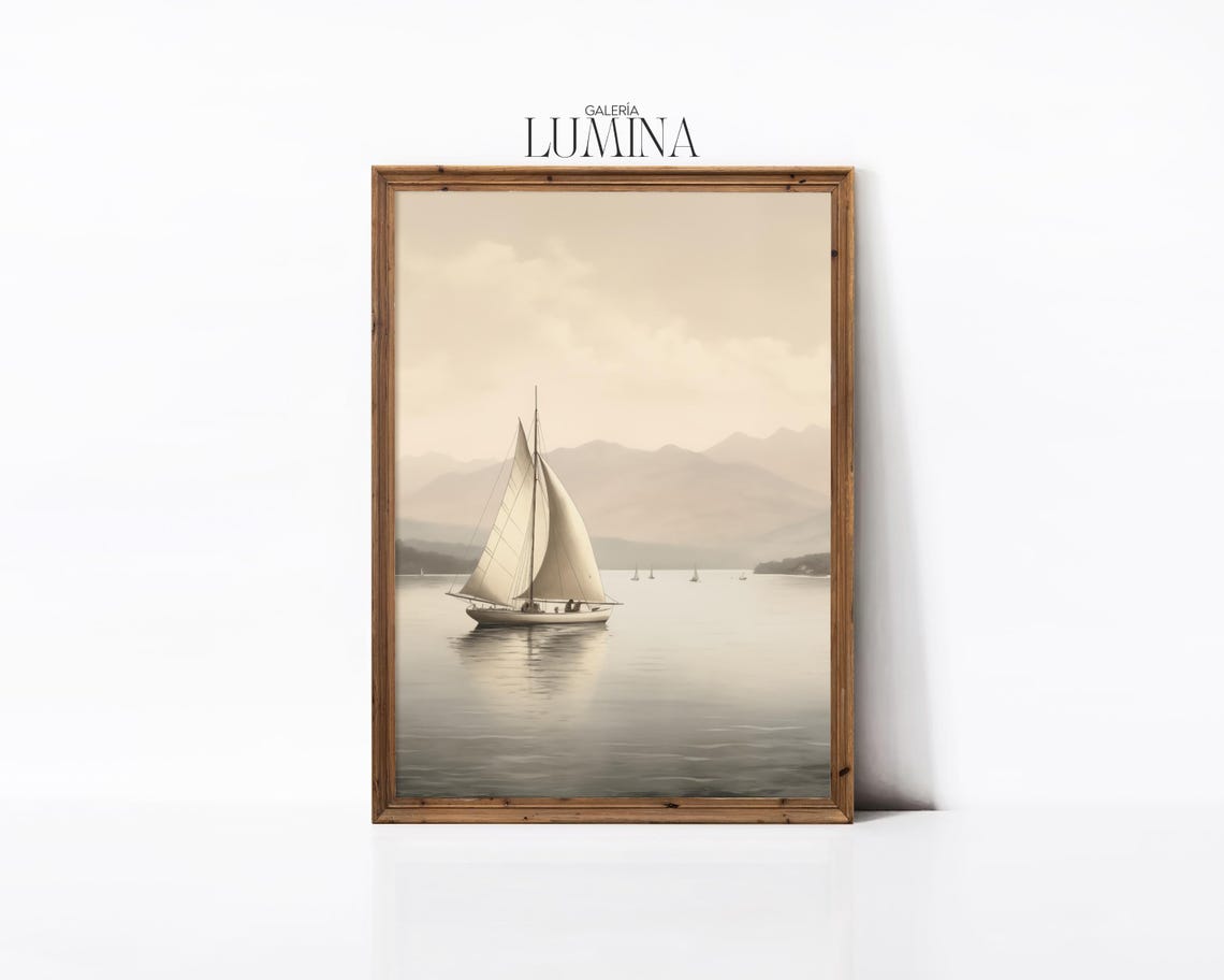 Vintage Neutral Sailboat Painting Muted Small Boats On Lake Painting Adirondack Mountains Landscape Art Frame Tv Art 580 - Image 3