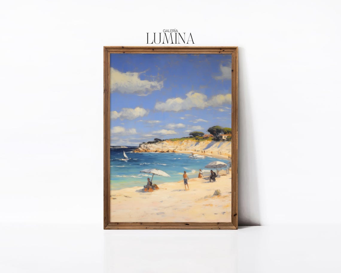 Sunny Beach Umbrellas Sailboats Cliffs Impressionist Coast Poster - Image 2