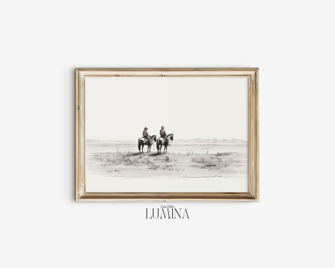 Western Cowboys On Horses, Vintage Horse Sketch Art Print - Image 2