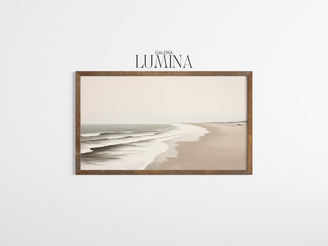 Minimalist Neutral Beach Waves on Curved Shoreline Art Poster - Image 3