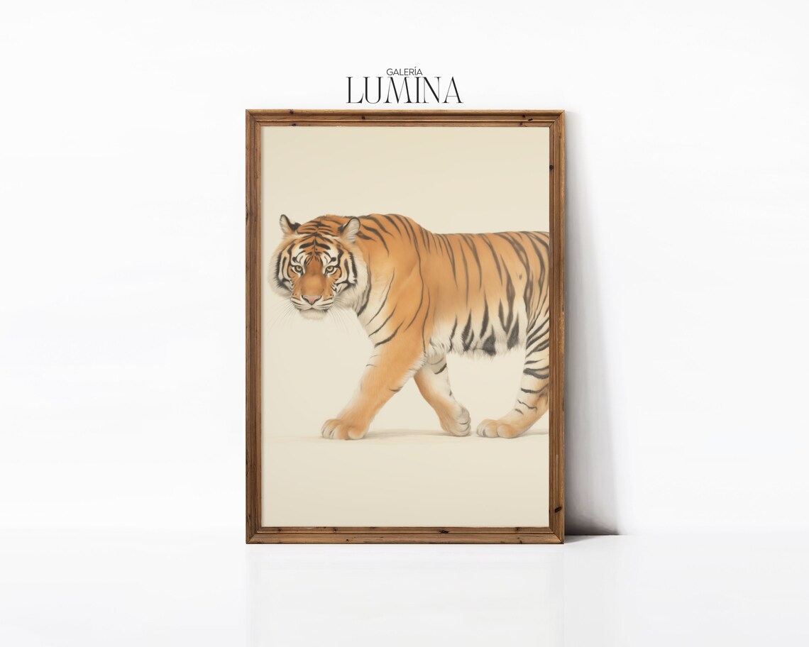 Pacing Tiger Illustration Orange Stripes Neutral Wildlife Art Poster - Image 3