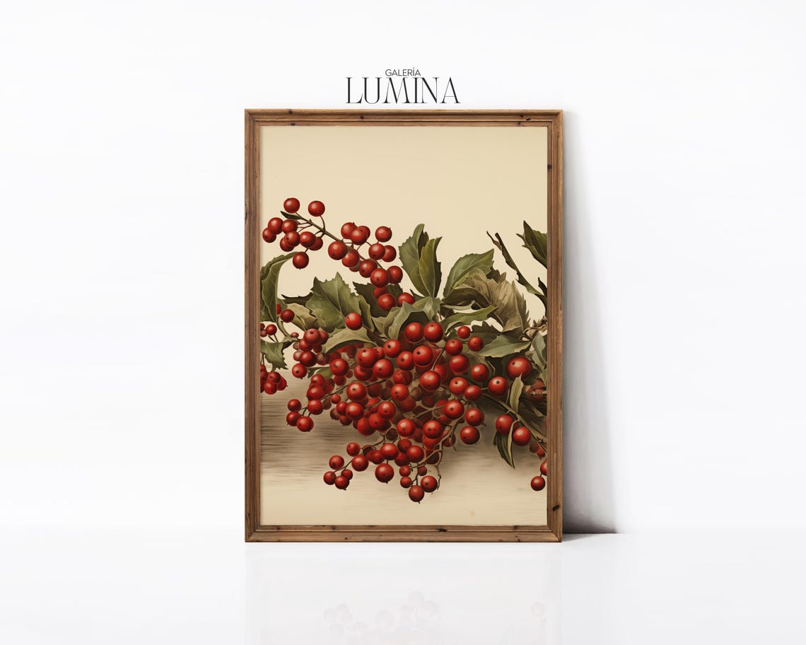 Red Winter Berries Branch Vintage Botanical Holiday Christmas Poster - Image 2