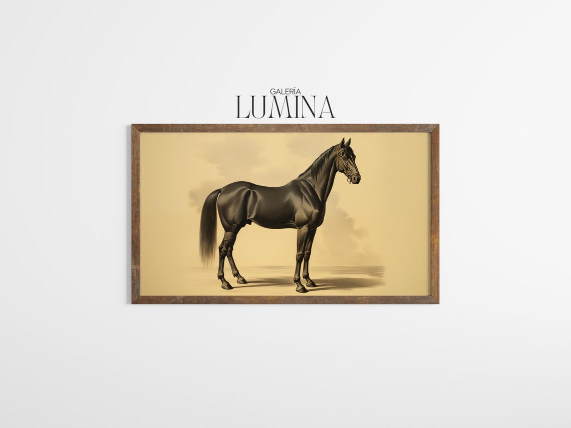 Black Stallion Standing Portrait in Sepia Horse Artwork Poster - Image 3