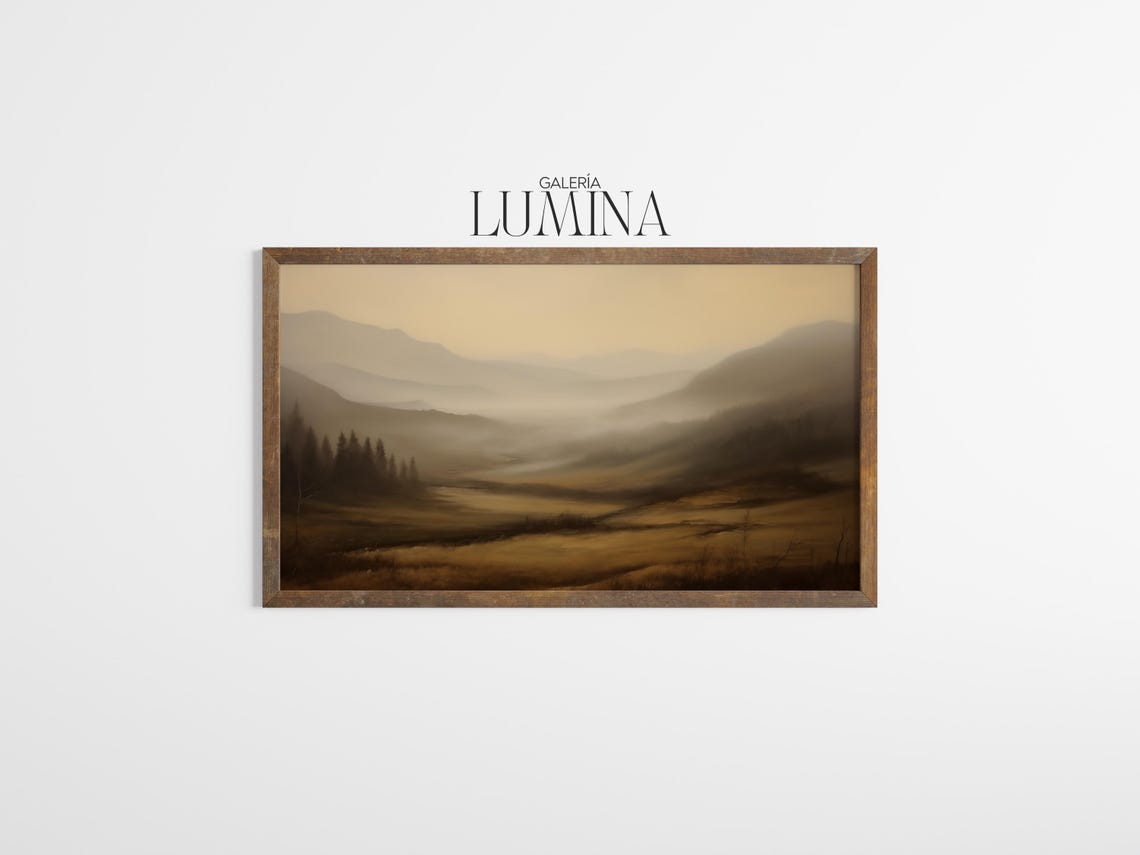 Foggy Valley at Dawn Muted Earth Tones Moody Mountain Landscape Poster - Image 3
