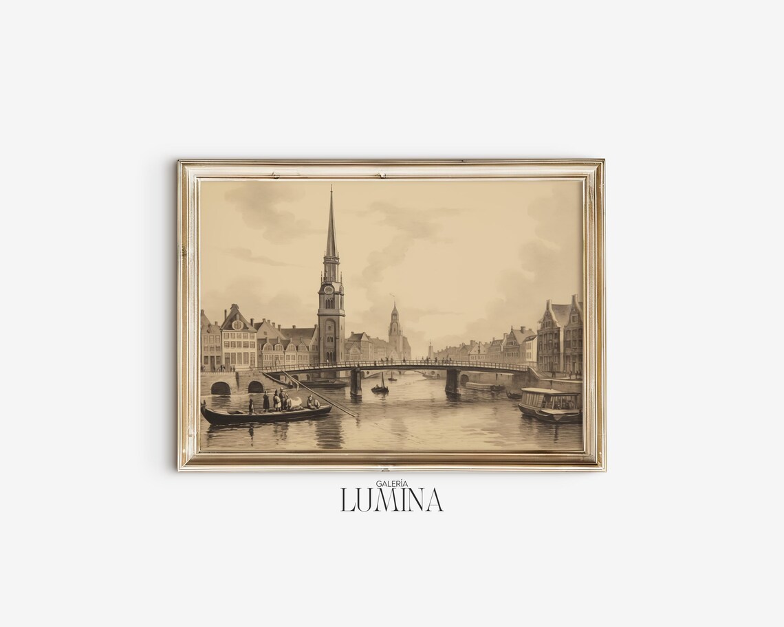 Hamburg Canal and Buildings, Vintage Engraving Art Print - Image 2