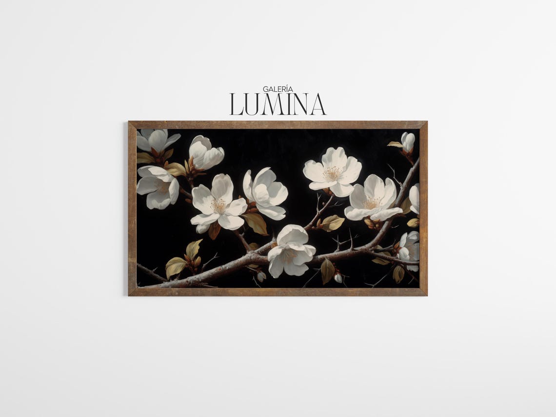 White Pomegranate Flowers Oil Painting Floral Still Life Artwork Dark Moody Botanical Flower Painting Art Frame Tv Art 995 - Image 3