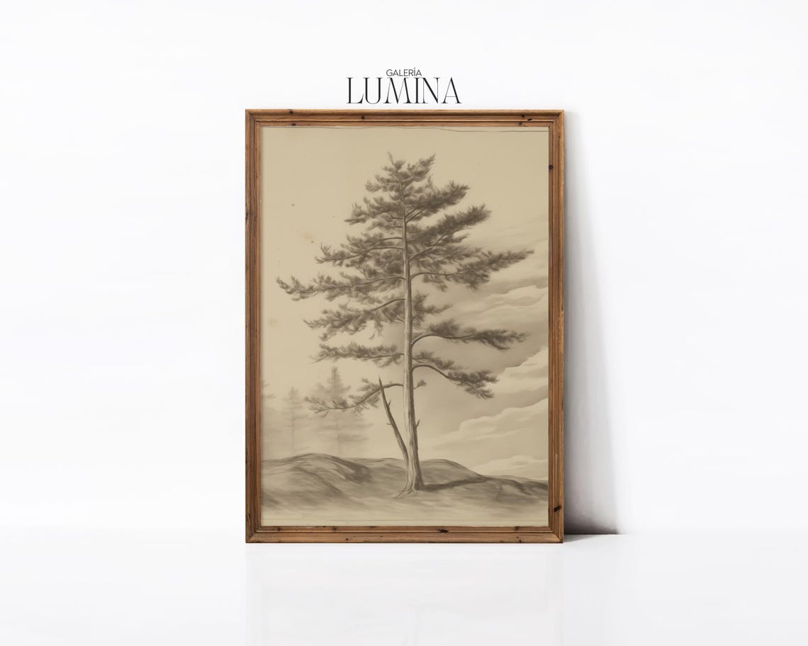 Pine Tree Lithographic Drawing Pine Tree Sketch Drawing Vintage Rustic Tree Sketch Neutral Tree Print Art Frame Tv Art 525 - Image 3