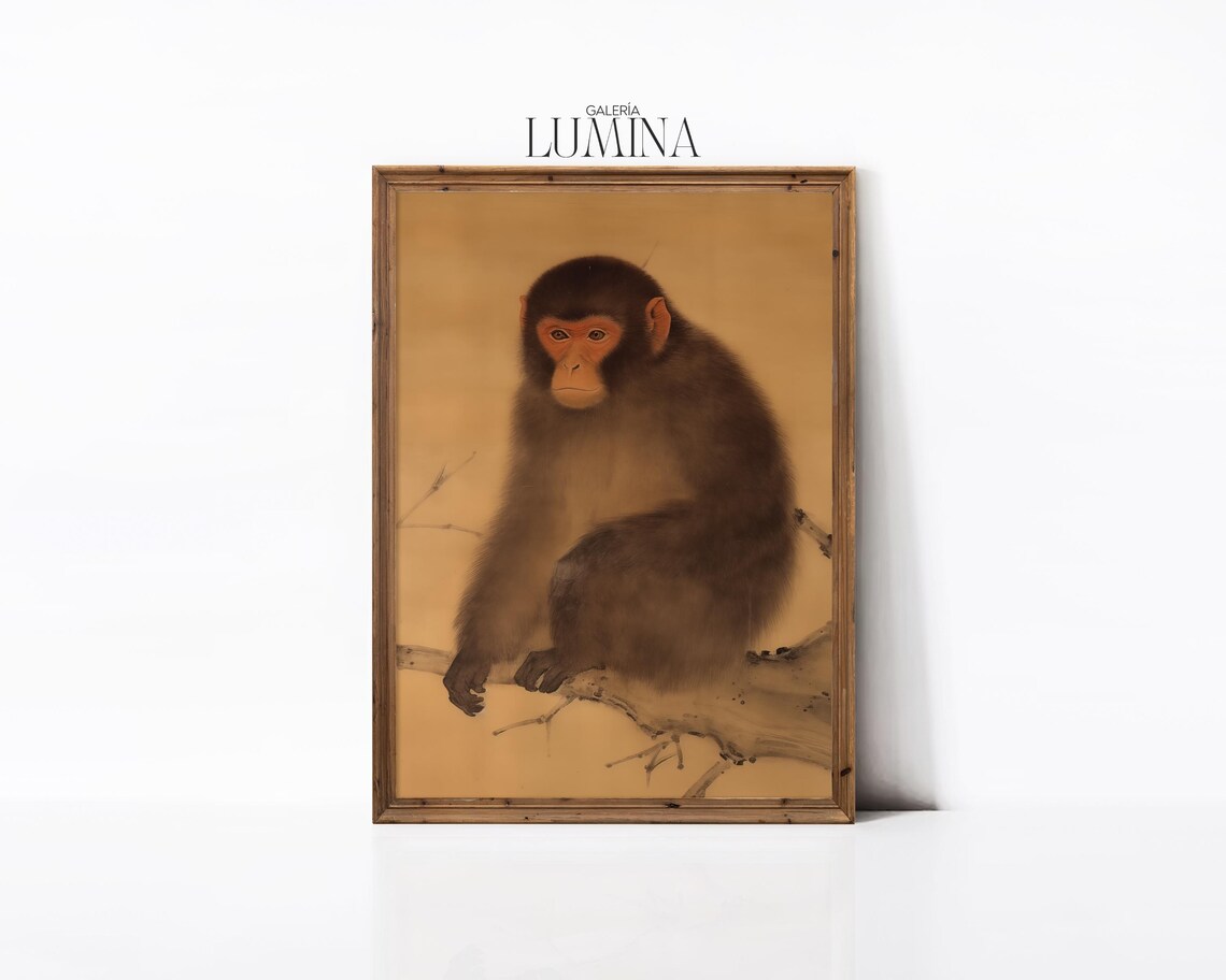 Japanese Snow Monkey Sitting On Branch Antique Asian Painting Poster - Image 3