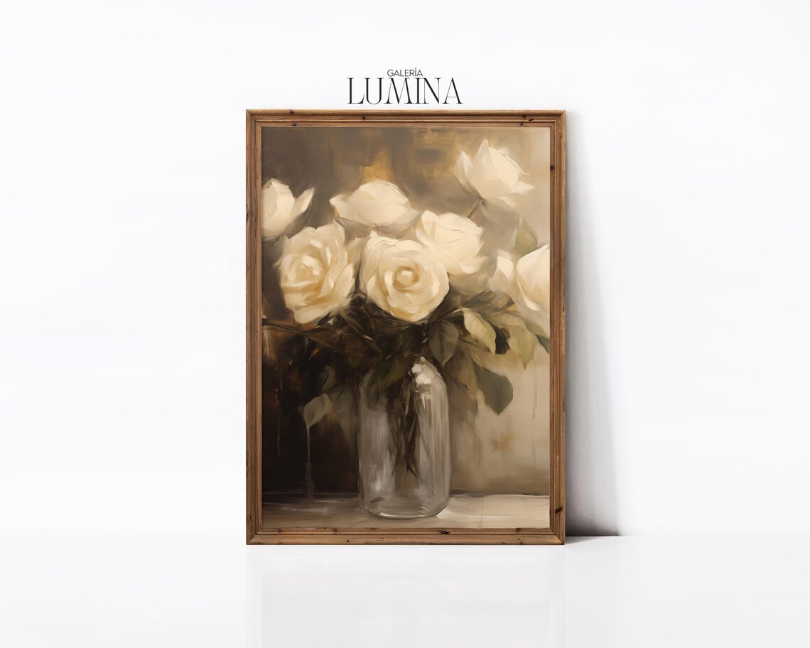 White Roses in Glass Vase Moody Floral Still Life Art Poster - Image 2