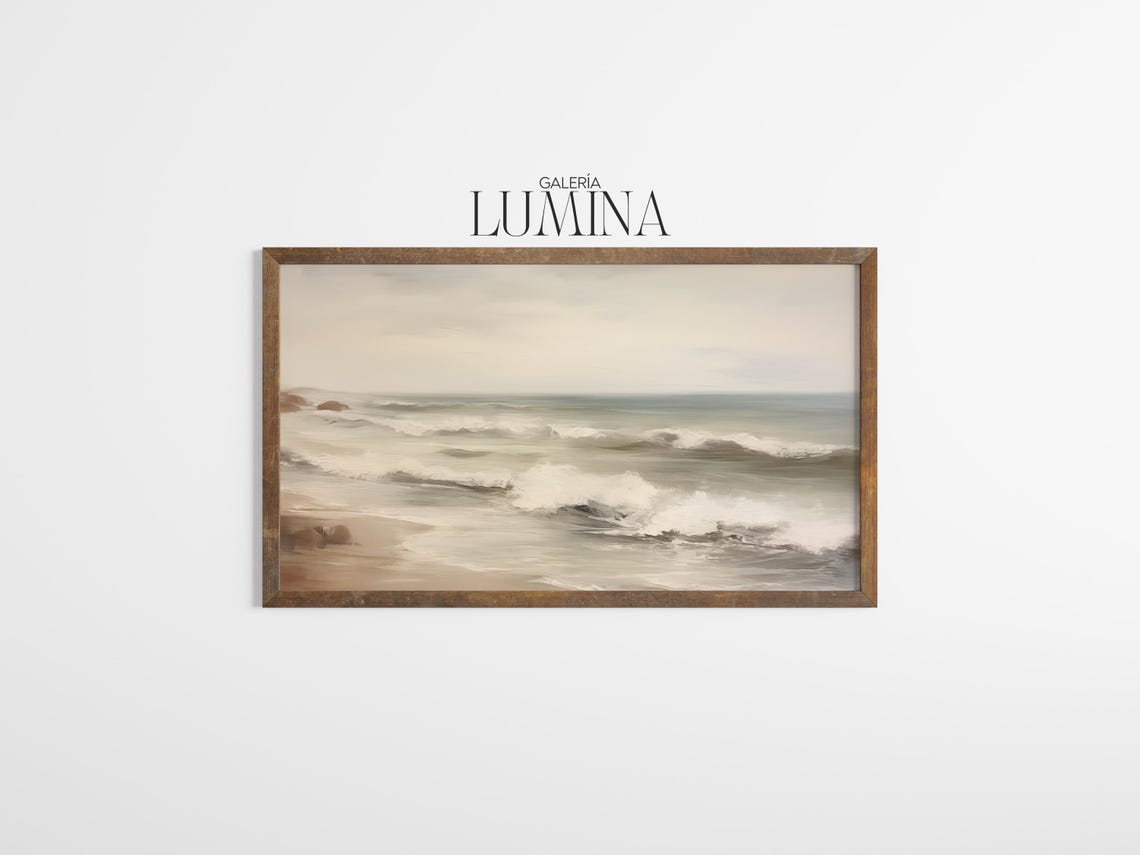 Muted Seascape Painting Vintage Coastal Painting Neutral Ocean Landscape Print Rustic Nautical Decor Art Frame Tv Art 875 - Image 3