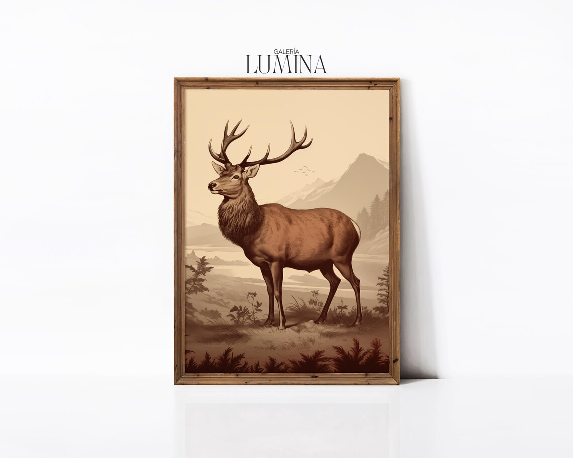 Stag Illustration Sepia Deer In Mountain Landscape Wildlife Art Poster - Image 3
