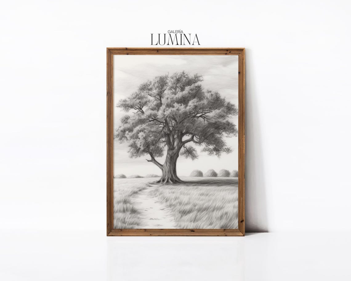Lone Oak Tree Graphite Drawing Monochrome Field Sketch Poster - Image 3