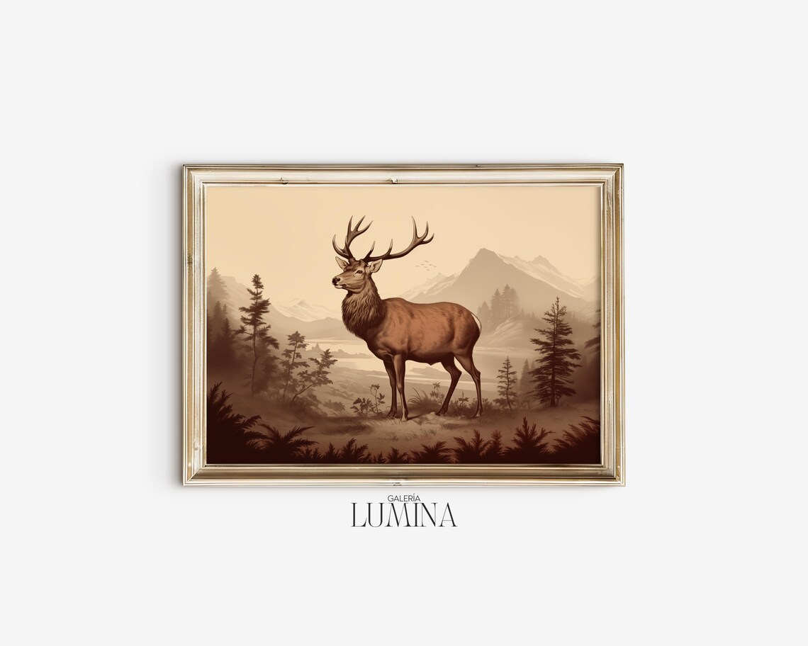 Stag Illustration Sepia Deer In Mountain Landscape Wildlife Art Poster - Image 2
