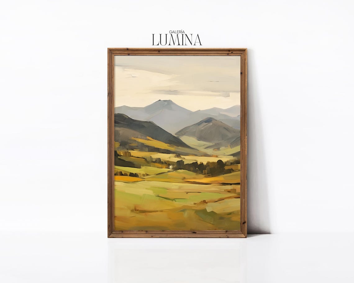 Golden Mountain Meadow Valley Minimalist Oil Painting Poster - Image 2