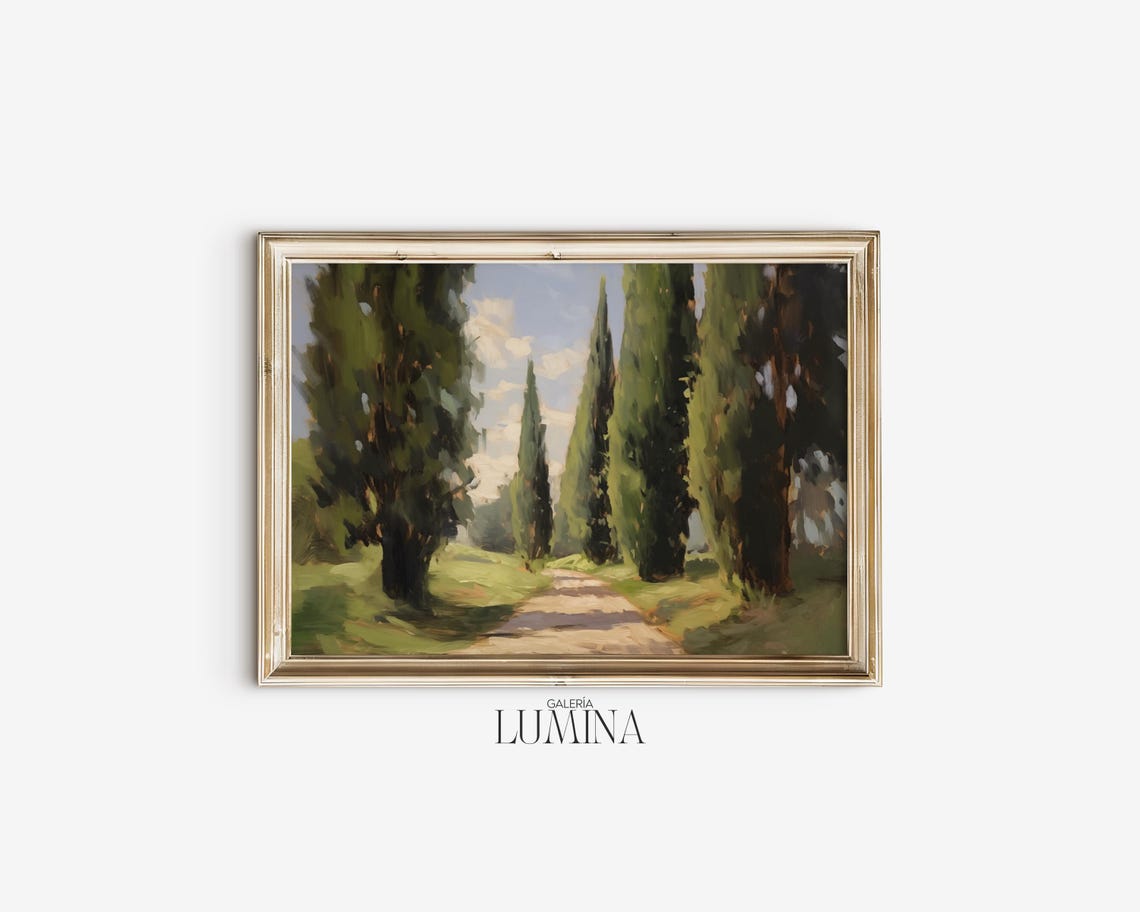English Countryside Cypress Trees Oil Painting Garden Path Landscape Painting Rustic Nature Scene Art Art Frame Tv Art 681 - Image 2