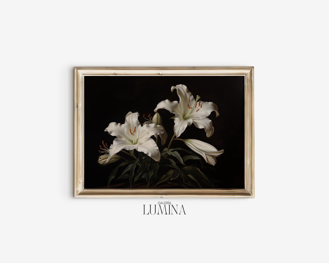 White Lilies Vintage Oil Painting Antique Flower Oil Painting Dark Moody Botanical Realistic Painting Art Frame Tv Art 610 - Image 2